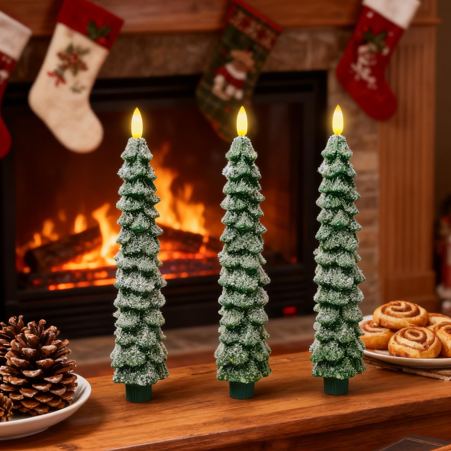 KDVOG 3 Pack Frosted Christmas Tree Candles with Remote, 9.7 Inch Real Wax flameless Taper Candles, LED Green Candlesticks with 3D Flickering Flame for Xmas New Year Home Decor Gifts