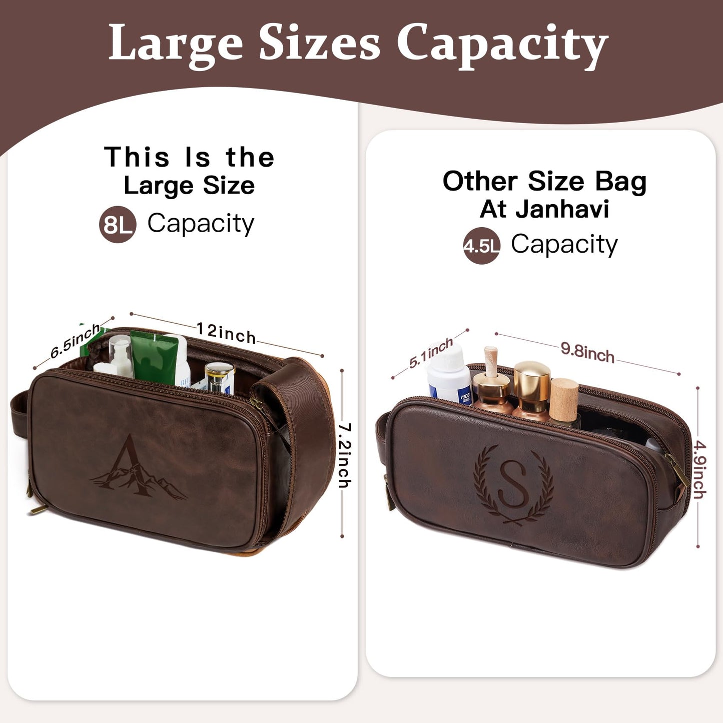 Janhavi Leather Toiletry Bag for Men, Personalized Laser Engraved Initials & Mountain, Toiletry Bag For Shower Caddy, Cruise Ship Essentials, Groomsmen Gifts, Men's Accessories (Dark Brown E)