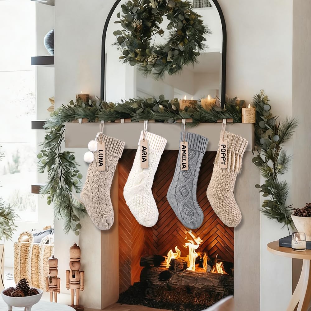 Teeanzo 4Pack 18 Inches Christmas Knitted Hanging Stockings,Xmas Large Farmhouse Rustic Neutral Cable Knit Personal Stockings Decorations for Christmas Tree Fireplace Family Holiday Party Decor