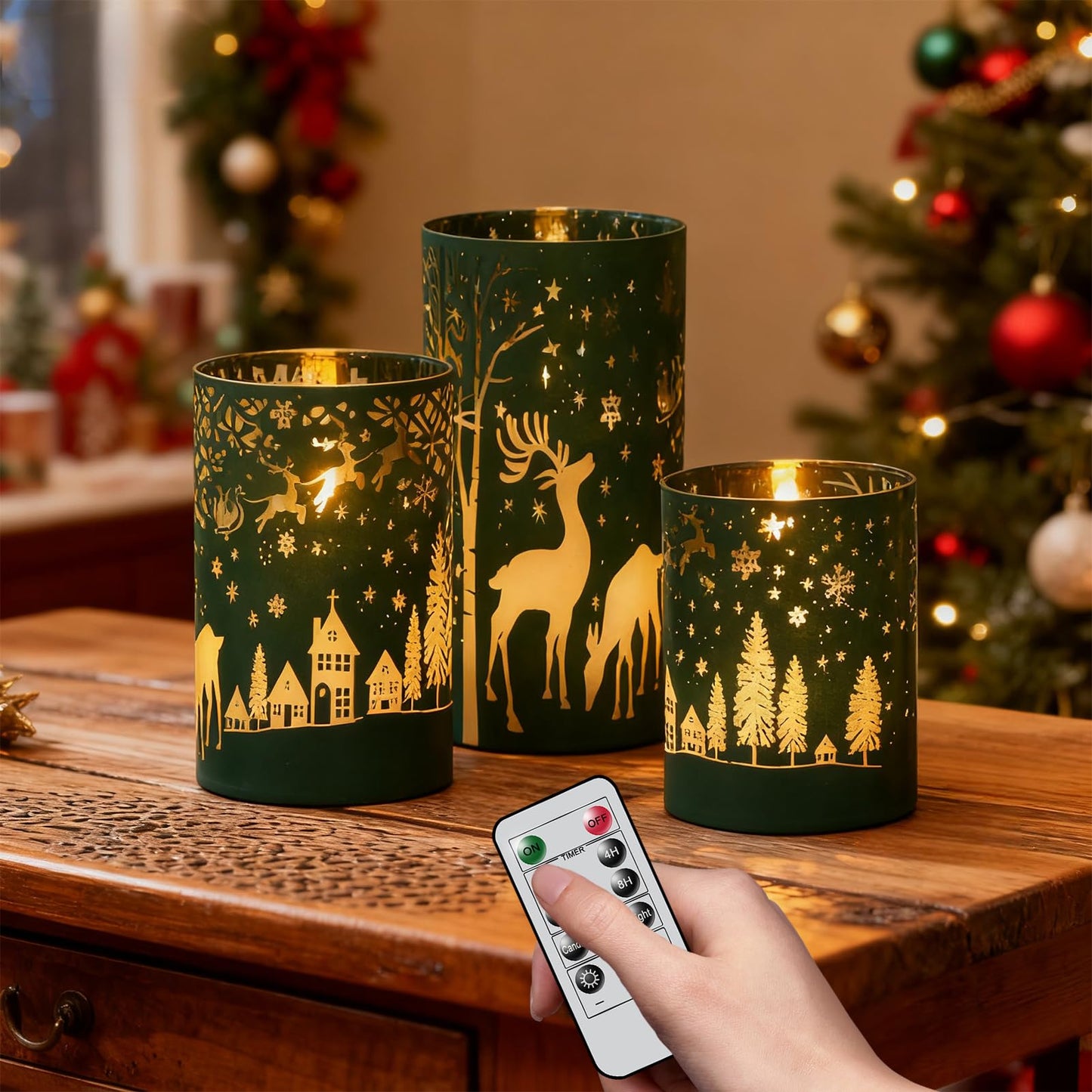 DRomance Christmas Flameless Candles Battery Operated with 10-Key Remote and Timer 3D Wick Flickering Electroplating Glass Reideer LED Candles Indoor Holiday Decorations(Green, 3" D x 4", 5", 6" H)