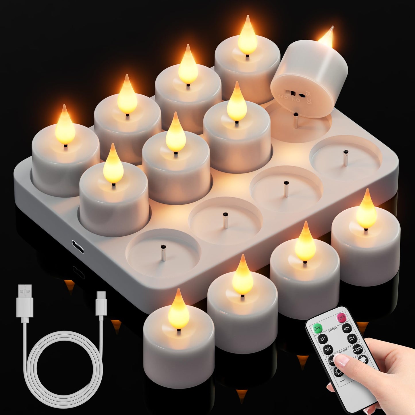 Rechargeable Flameless Tea Lights Candles: 12Pcs Battery Operated Tea light Candles with Remote Timer & Charging Base LED Flickering Votive Tealight Candles for Christmas Halloween Wedding Decor
