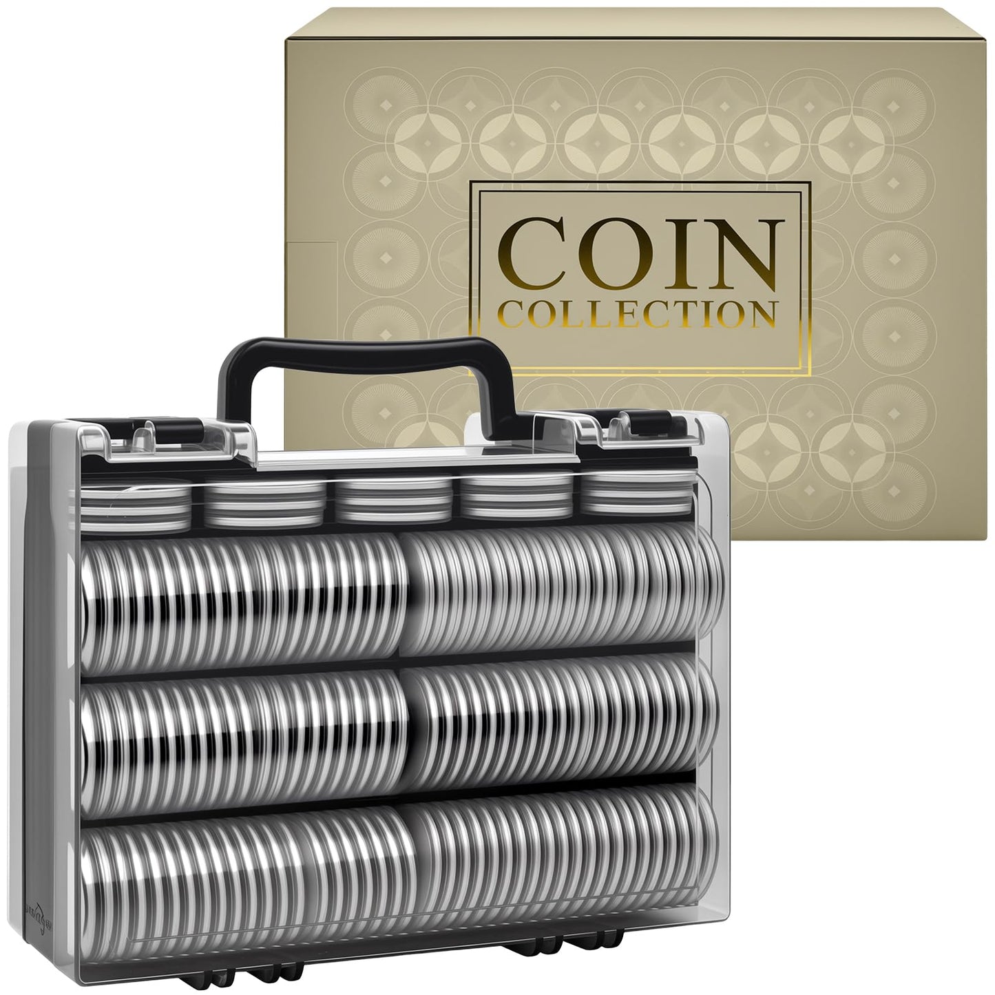 Coin Collector Case Holder with 141 pcs Capsules with Foam Gaskets & 220 Dollar Bill Sleeve - All-in-One Coin Collection Supplies Storage Organizer Box for Secure Coin and Paper Money Display- Black