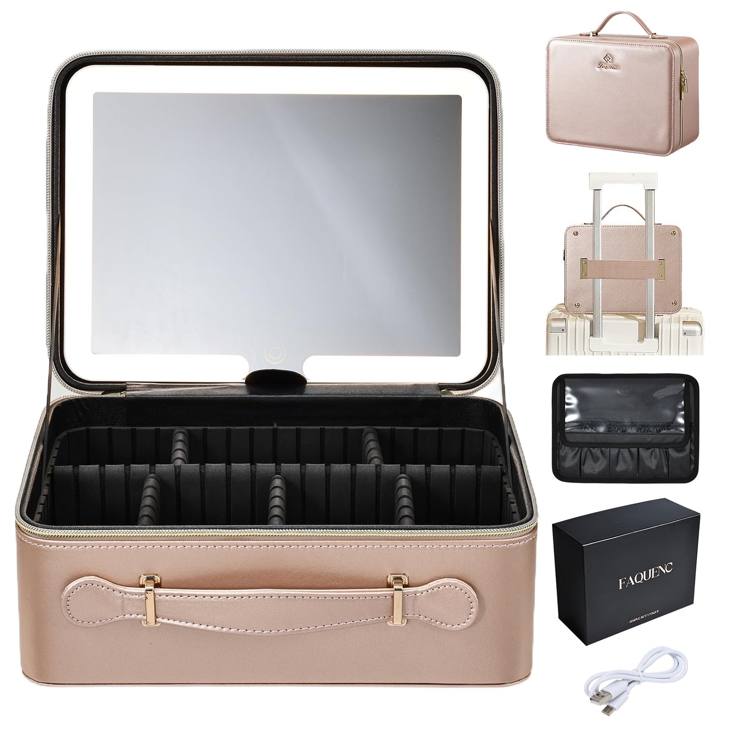 Leather Makeup Case with LED Lighted Mirror 11.4 Inch Travel Makeup Bag Adjustable Brightness in 3 Colors Cosmetic Organizer Artist Storage Bag with Dividers Brush Holder Bag Vanity Champagne Gold