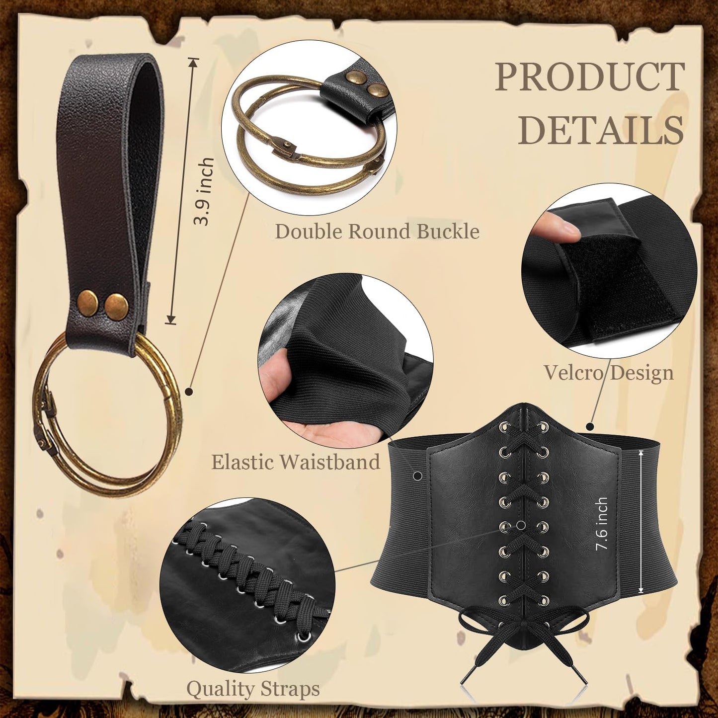 SUMGOGO 5PCS Corset Renaissance Belt Medieval Renaissance Belt Pouch Cork Potion Bottle Hikes Festival Halloween Costume Accessories (Black, L-Waist/32-43")