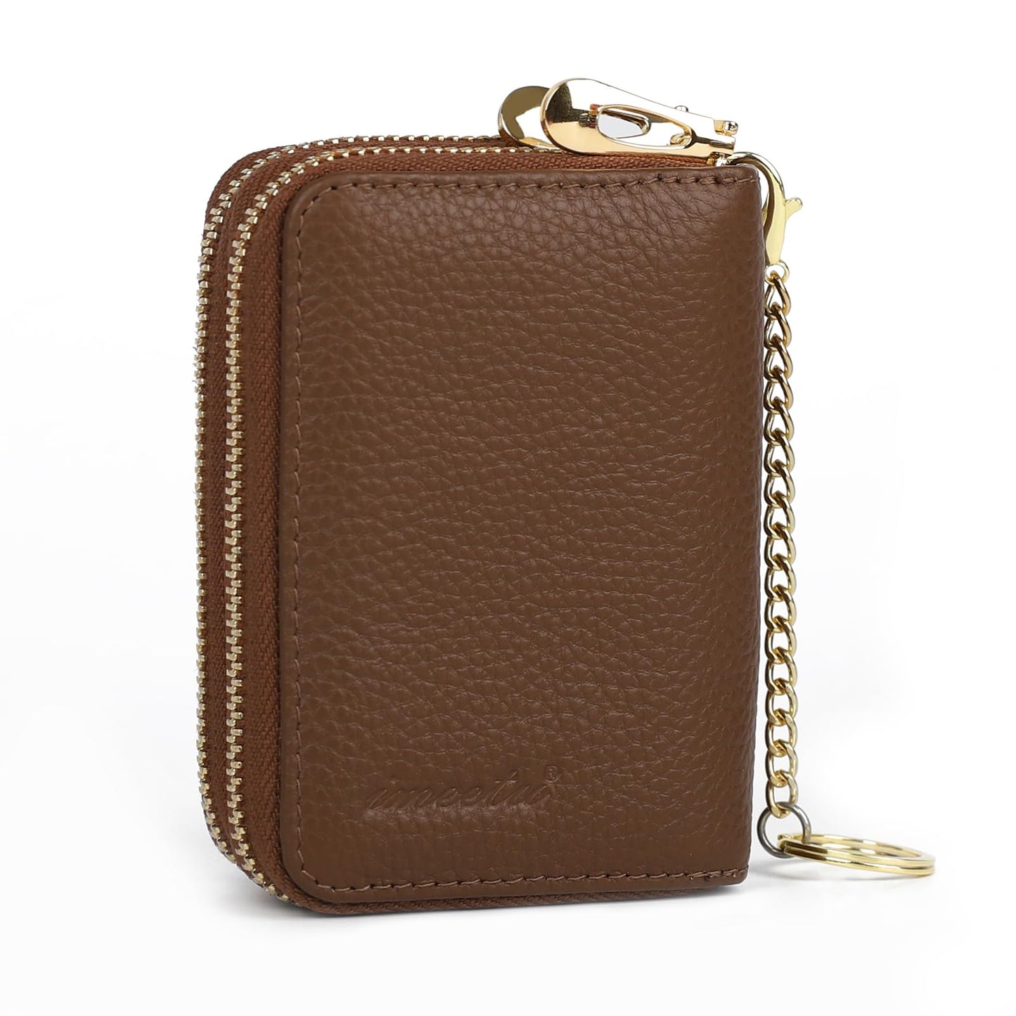 imeetu RFID Credit Card Wallet, Genuine Leather Zipper Card Case Holder with Removable Keychain(Max - Brown)