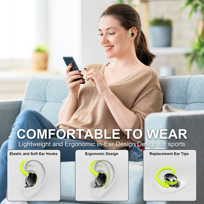 Wireless Earbud, Bluetooth 5.4 Headphones IP7 Waterproof for Sport, 48H Running Wireless Earphones with ENC Noise Cancelling Mic, Deep Bass Over Ear bud with Earhooks for Android, iOS, Workout, Green