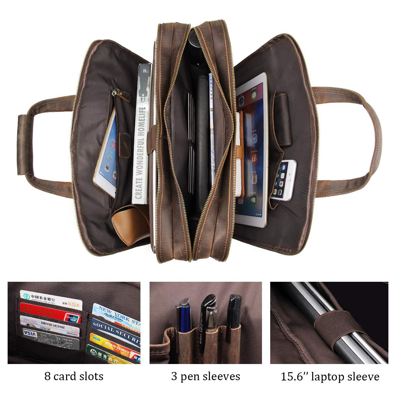 Augus Leather Briefcase for Men 15.6 Inch Laptop Bag Business Travel Large Capacity With Trolley Sleeve YKK Metal Zipper, Brown