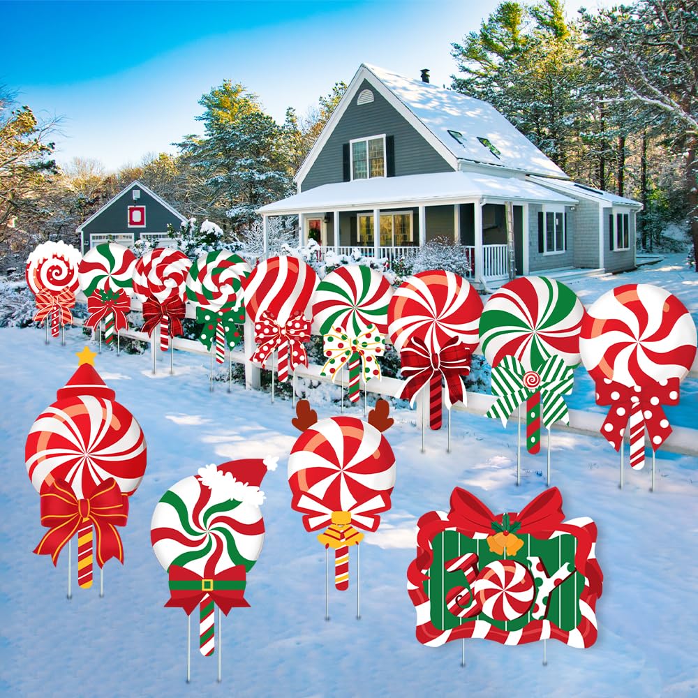 JOICEE Christmas Outdoor Yard Signs Candy Decorations, Peppermint Lollipop Candy Signs with Stakes for Holiday Party Home Lawn Pathway Decorations Supplies