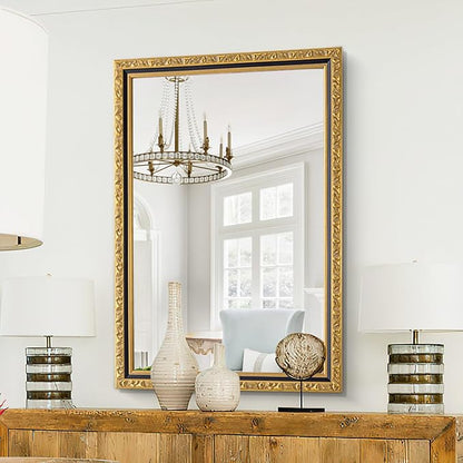Vintage Black Gold Mirror, 40'' x 28'' Rectangular Antique Wall Mirrors with Ornate Wood Frame, Decorative Mirrors for Living Room, Bathroom, Bedroom, Entryway, Fireplace, Horizontal/Vertical
