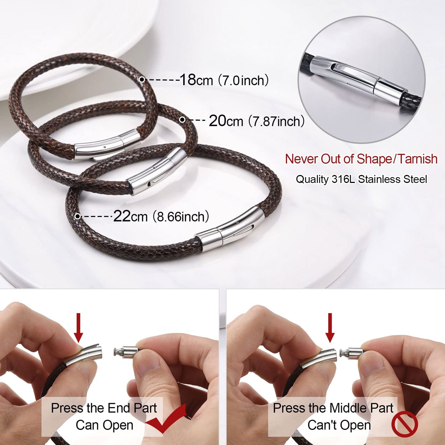 FOCALOOK Braided Leather Bracelet,Brown Hand Chain Leather Cord Rope Bracelet for Grandson 7inch(18cm)