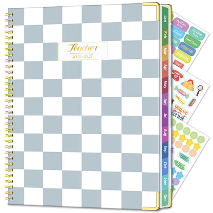 Teacher Planner 2026-2027, Jul 2026-Jun 2027 Academic Year, 8.5" x 11" Lesson Planner Book for Teacher Calendar, Spiral Bound Planners, Planning Stickers, Colorful Monthly Tabs, BlueCheckered