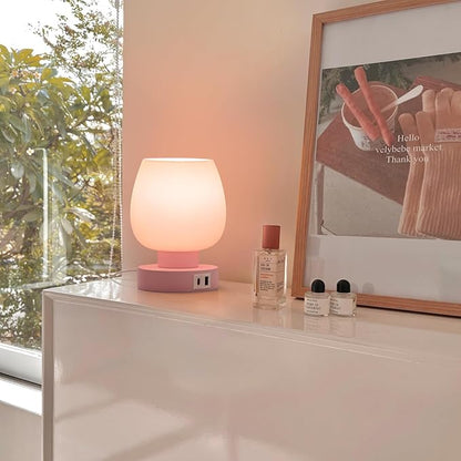 ONEWISH Pink Touch Table Lamp with USB Charging - 3 Way Dimmable Small Lamp for Bedroom, Warm LED Bulb Included, 2 Packs