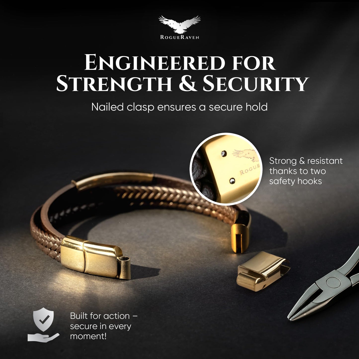 RogueRaven Black Leather Bracelet for Men – Premium Collection – Brown Black Gold Silver | Genuine Leather Mens Bracelet with Stainless Steel Clasp [Adjustable] | In Luxury Gift Box