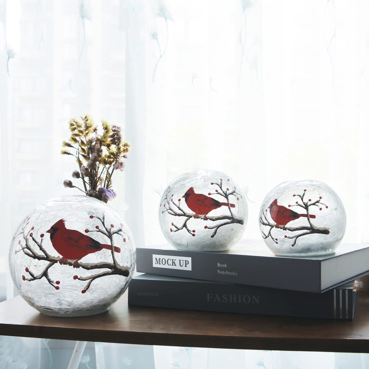 Kaowod Large Crackle Glass Ball Cardinal Lamp, Light Up Red Cardinal Stained Glass Christmas Decor Accent Lamp, Lighted Red Bird Globe Table Light, Led Sphere Desk Lamp