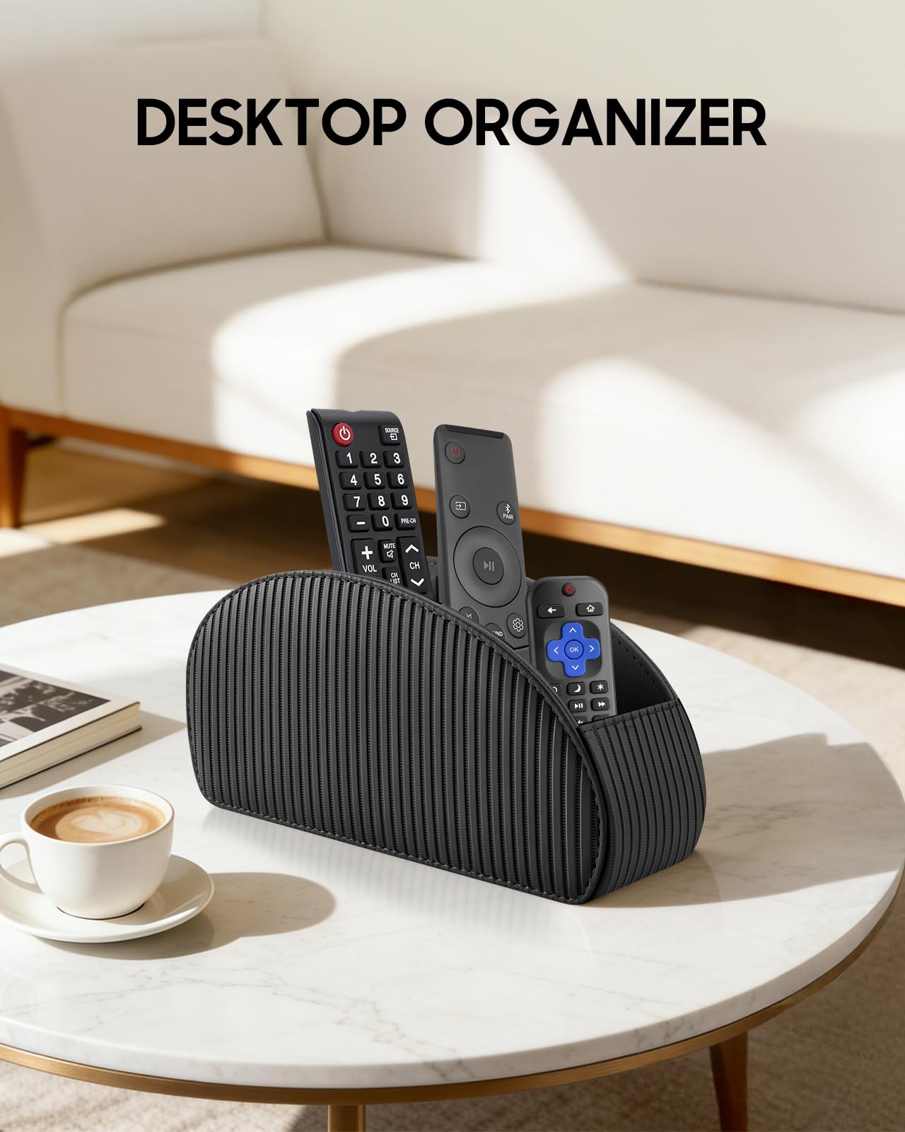 SITHON Remote Control Holder with 5 Compartments - PU Leather Remote Caddy Desktop Organizer Store TV, DVD, Blu-Ray, Media Player, Heater Controllers, Stripe Black