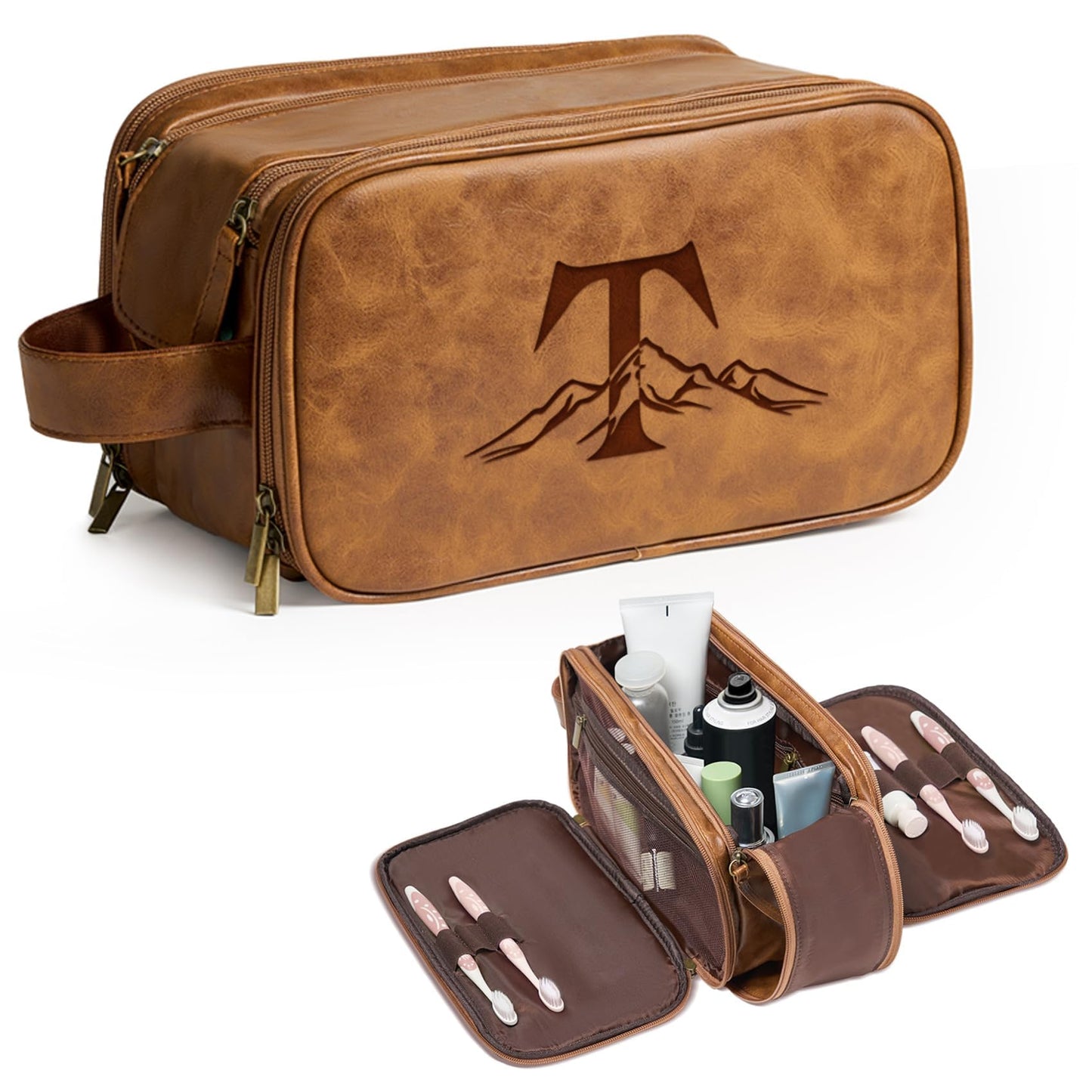 Janhavi Travel Essentials Toiletry Bag, Waterproof PU Leather Initials & Mountain, Groomsmen Gifts, Men's Accessories Organizer, Travel Bags for Men, Gifts for Men(Brown T)