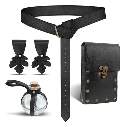 FunMular Renaissance Accessories Costume Women Belt Pouch Medieval Viking Potion Bottles Leather Belt Leaf Skirt Hikes (Black Set)