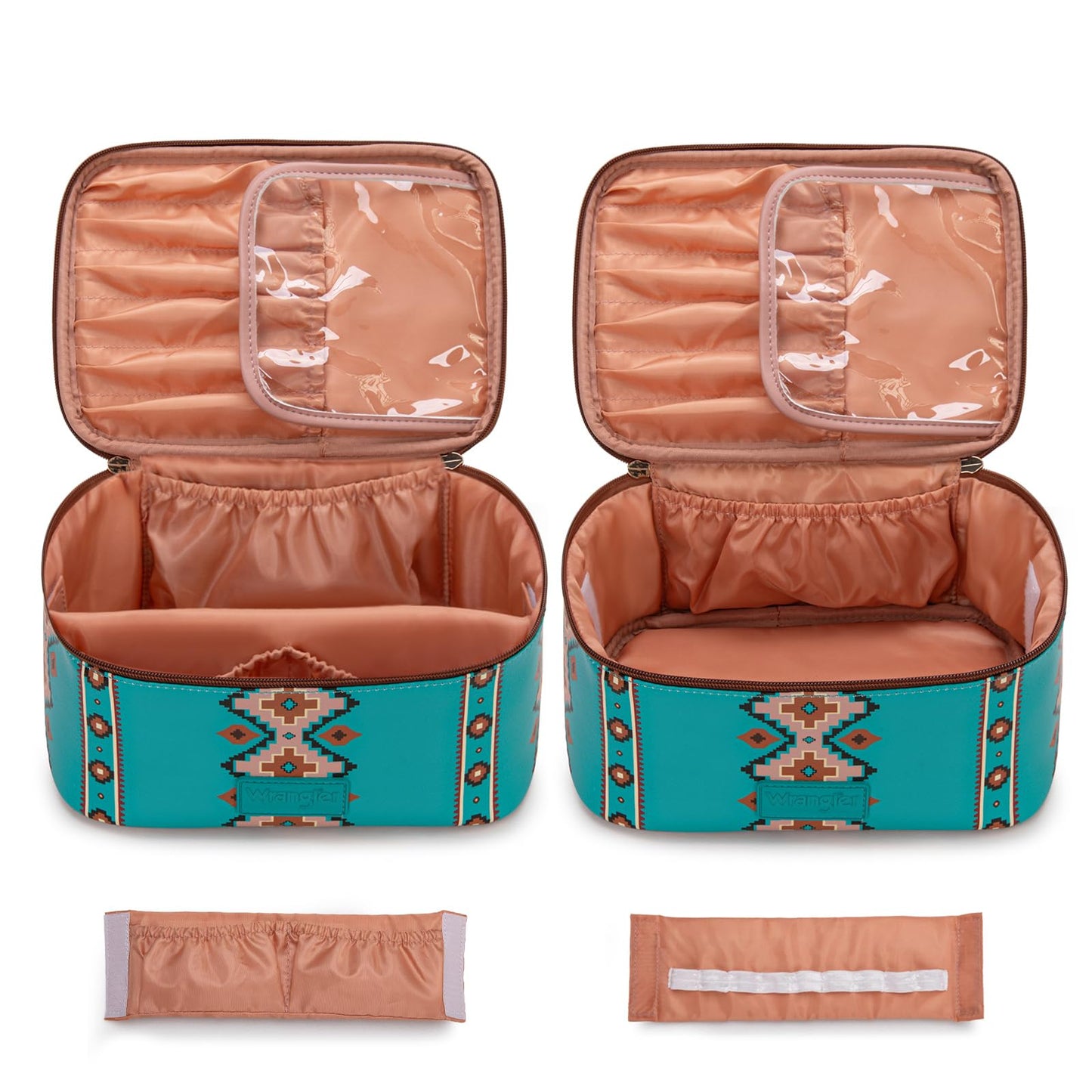 Montana West X Wrangler Travel Makeup Bag 2pcs Set Large Cosmetic Bag with Makeup Brush Holder Portable Make Up Organizer Cute Toiletry Bag with Divider and Handle for Women Aztec