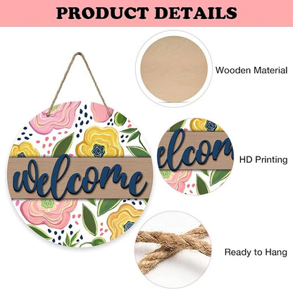 Welcome Spring Summer Flower Front Door Sign, Pink Yellow Floral Wood Door Hanger Outdoor Outside Porch Decor, Farmhouse Wooden Wreath Indoor Wall Hanging Decoration