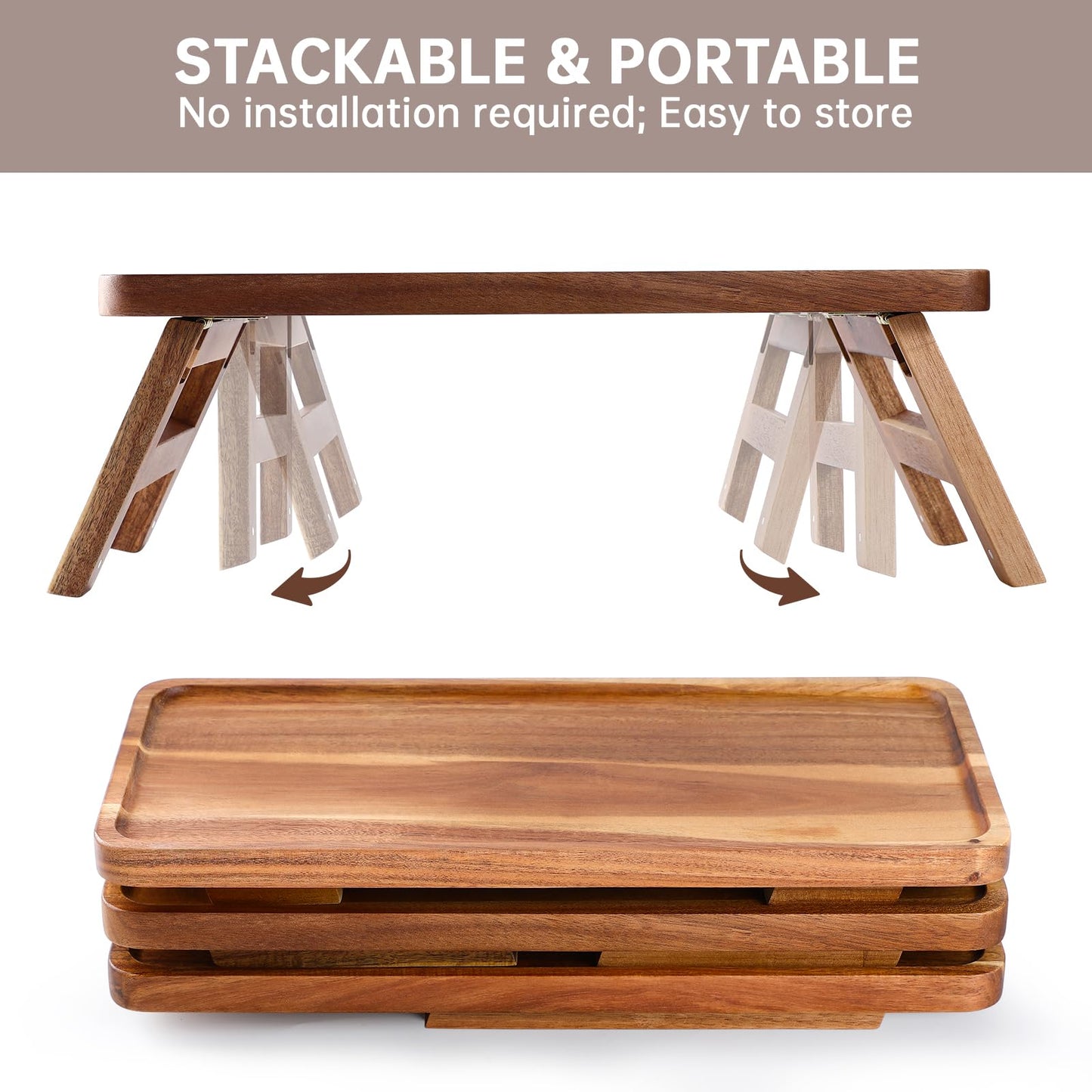 Tiered Serving Tray 17 Inch Acacia Wooden Cupcake Stand & Platters 3 Tiered Tray Foldable Dessert Table Display Set Decor for Party Charcuterie Boards for Birthday, Wedding, Christmas, Valentine's Day