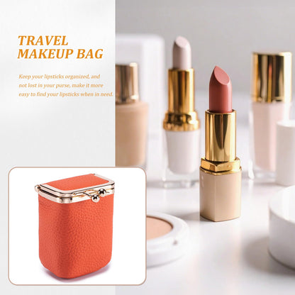 Axcvveiyi Genuine Leather Lipstick Case with Mirror, Travel Mini Durable Soft Cosmetic Bag for Women,Retro Kiss Lock Toiletry Bag Suitable Daily Touch-up (Wine Red)