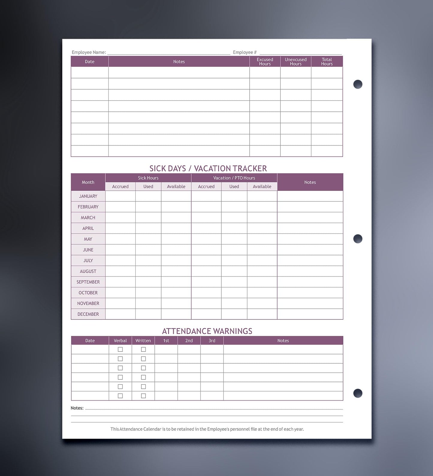 Attendance Calendar Employee Card Attendance Record Tracker 2026, Heavy 100lb Cardstock Paper 8.5 x 11 inches (Purple, Pack of 25 Sheets)