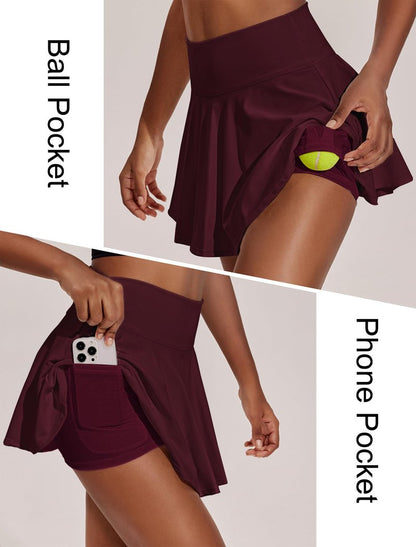 PINSPARK Tennis Skirts for Women High Waisted Athletic Golf Skorts with Pockets Shorts Quick Dry Pickleball Skirt, Red Merlot XL