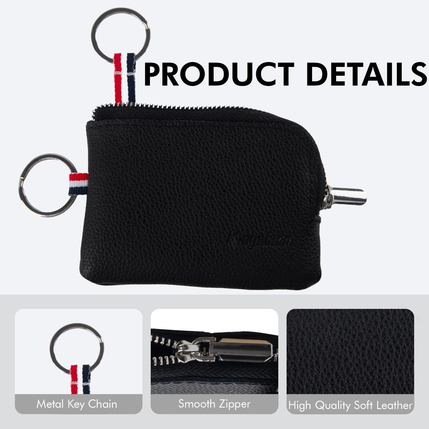 Genuine Leather Mini Coin Purse Keychain, Small Change Pouch Wallet with Clip Ring and Inner Key Holder, Compact Coin Wallet for Keys, Coins, Cash (Black)