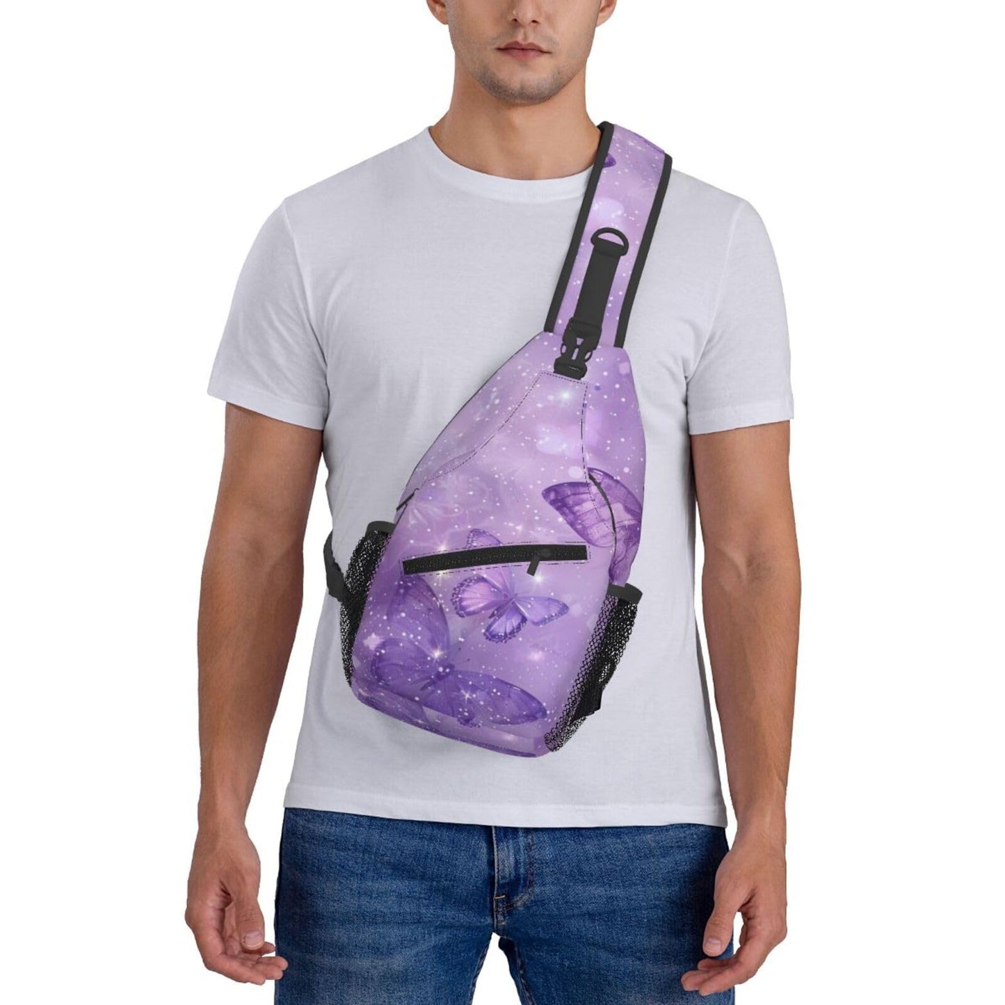 SUPLUCHOM Sling Bag Butterfly Purple Pastel Hiking Daypack Crossbody Shoulder Backpack Travel Chest Pack for Men Women