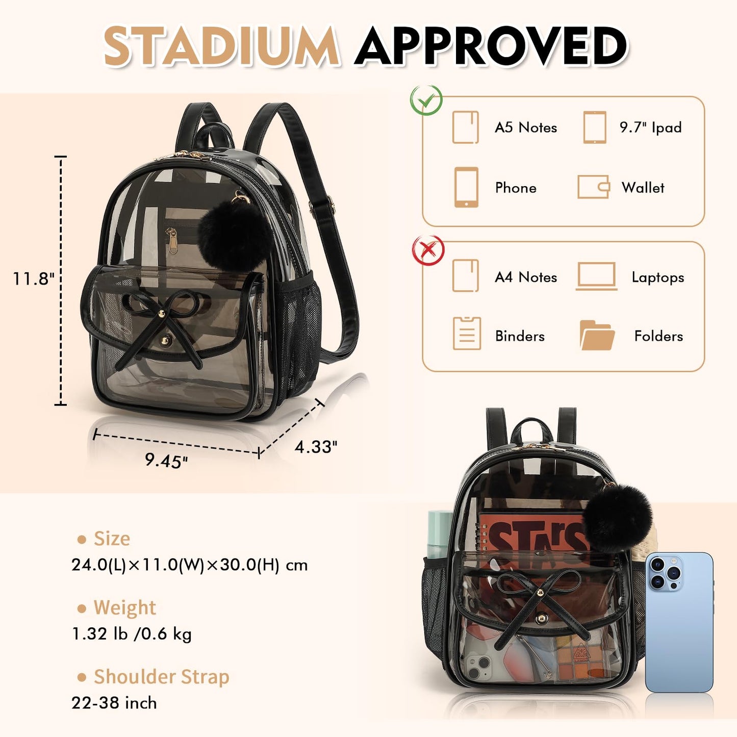 ASKSKY Clear Backpack for Stadium Events 12x12x6, Thick PVC Small Clear Bag with Leather Trim Fashion Women Backpack for Concerts, Sports, Festivals, Work, Travel-Black