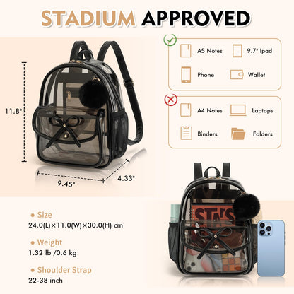 ASKSKY Clear Backpack for Stadium Events 12x12x6, Thick PVC Small Clear Bag with Leather Trim Fashion Women Backpack for Concerts, Sports, Festivals, Work, Travel-Black