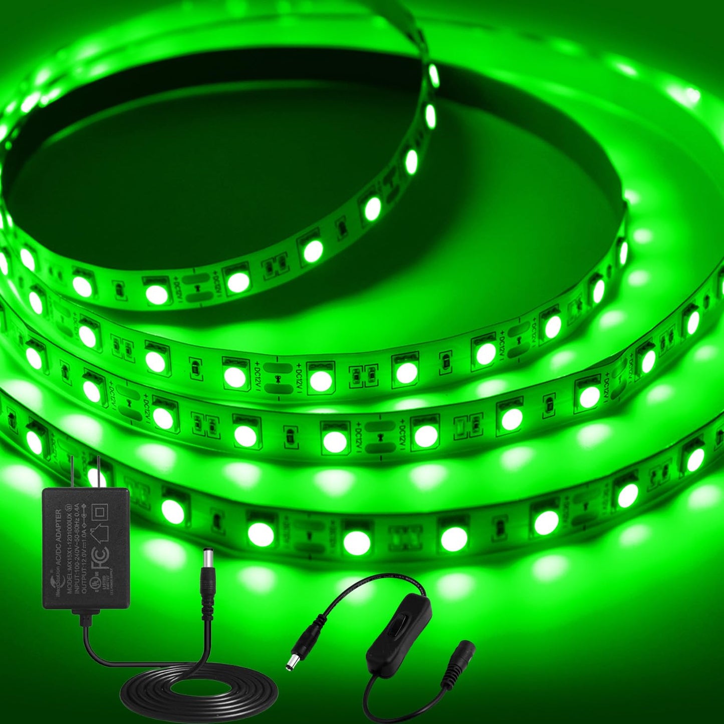 iNextStation 12V LED Strip Light Green, 16.4ft/5M SMD5050 LED Strip with Adapter & LED Switch, Flexible Cuttable LED Tape Light for Bedroom Kitchen Cabinet Bar Festival Home Indoor Decor
