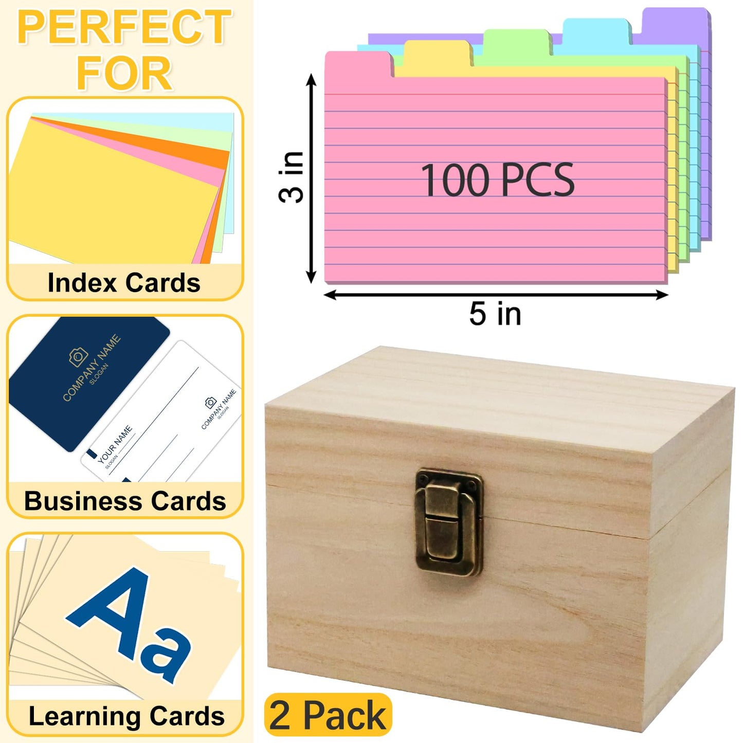 DSYIL Index Card Holder Box 3x5, Wooden Card Box with 100 Dividers, Recipe Cards Case, Business Card Organizer for Flash Card, Notecards and Study Cards, 2 Pack