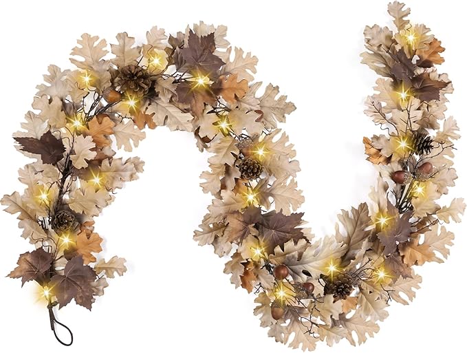 Fall Garland - 6 Ft Maple Leaf Garland with Pinecones - Fall Acorn Leaf Garlands with 30 Warm Lights for Thanksgiving Halloween Mantel Dining Table Centerpiece Indoor Outdoor Decor