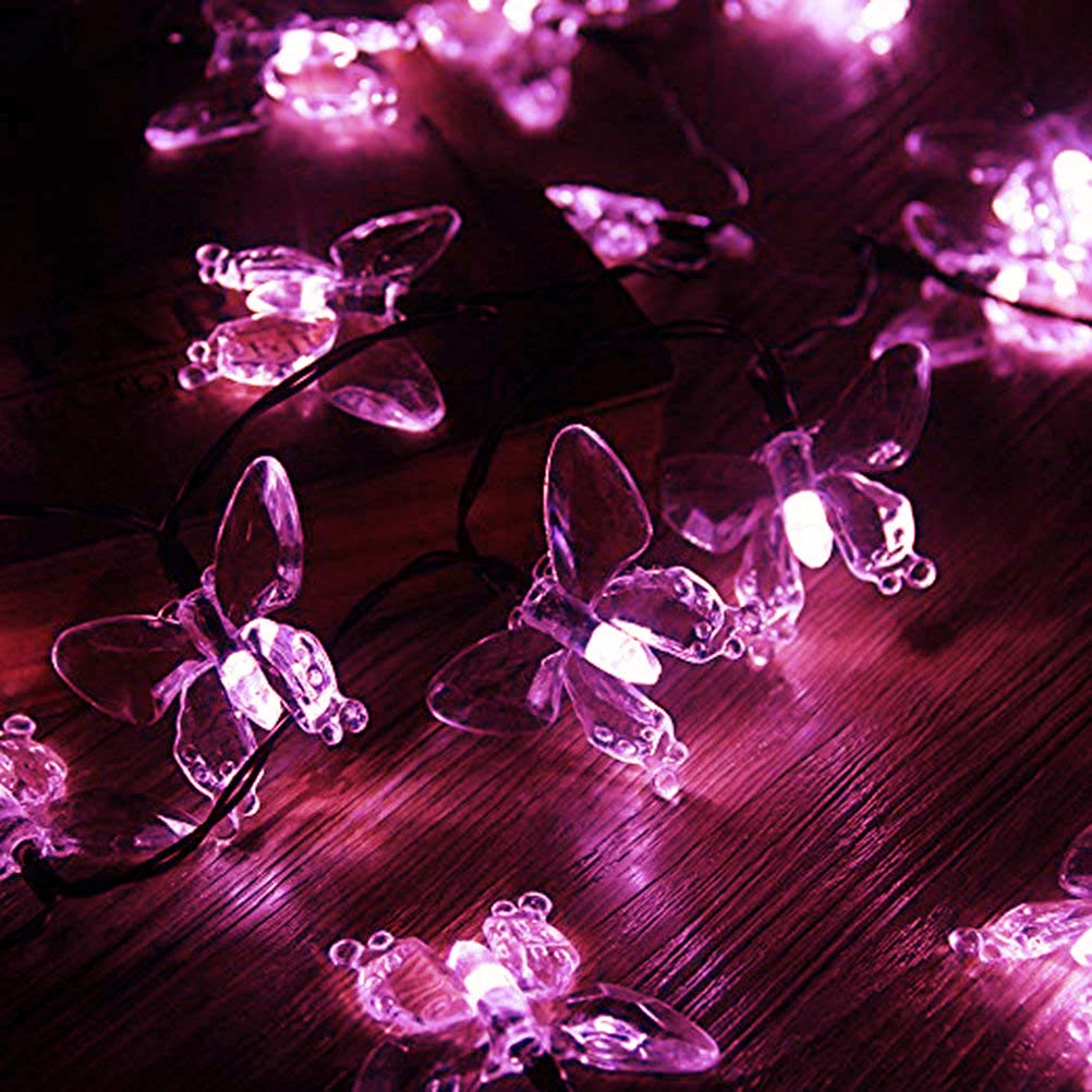 WONFAST Solar String Lights, Waterproof 16ft 20LED Butterfly Christmas Fairy Lights Decorative Lighting for Home Party Wedding Patio Garden Porch Balcony (Pink)