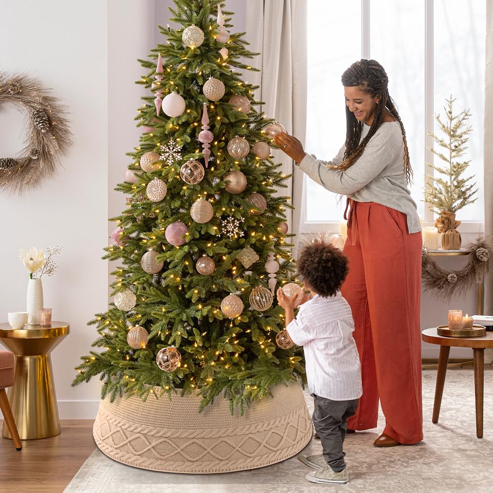 Teeanzo Christmas Tree Collar Skirt,Knitted Beige Diamond Edge Cable Stand Farmhouse Rustic Tree Ring for Artificial Christmas Tree Base Cover Holiday Home Party Decoration