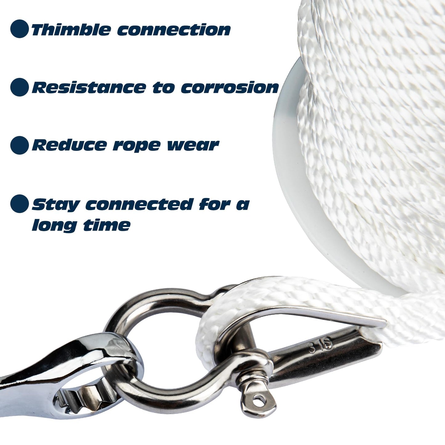 PropelTech Anchor Rope Braided Anchor Line(White, 3/8" x 100') Premium Solid Braid MFP Boat Rope with Stainless Steel Thimble & Shackle, Quality Marine Line, Boat Accessories