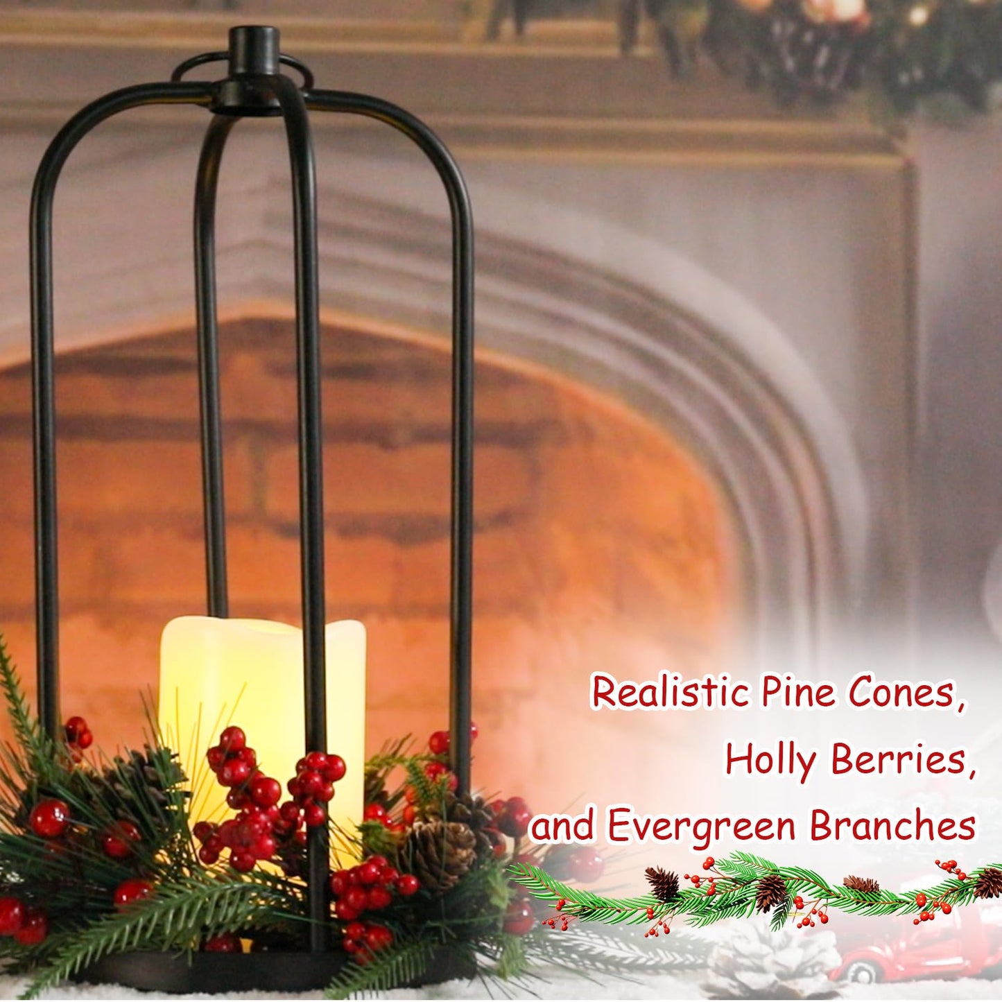 Bdor Christmas Lantern Decor Set of 2 – 14" Tall Hanging Metal Candle Holder with Pine Cones, Berries and LED Flameless Candle – Holiday Table Centerpiece for Indoor Home Decoration