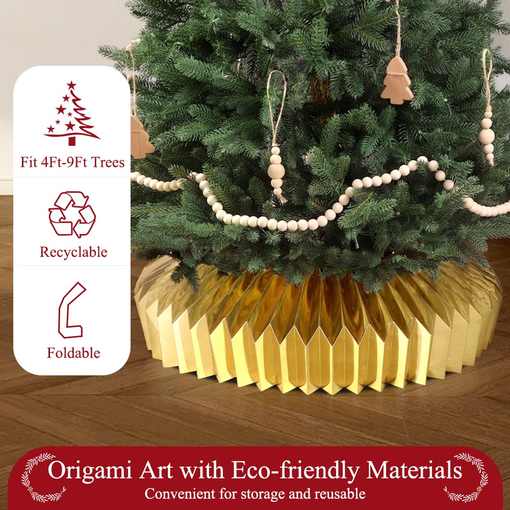 JOICEE Honeycomb Christmas Tree Collar,Foldable Paper Christmas Tree Ring Modern Tree Base Cover Basket Skirt Collars for Artificial Trees Christmas Holiday Home Decoration (Gold)