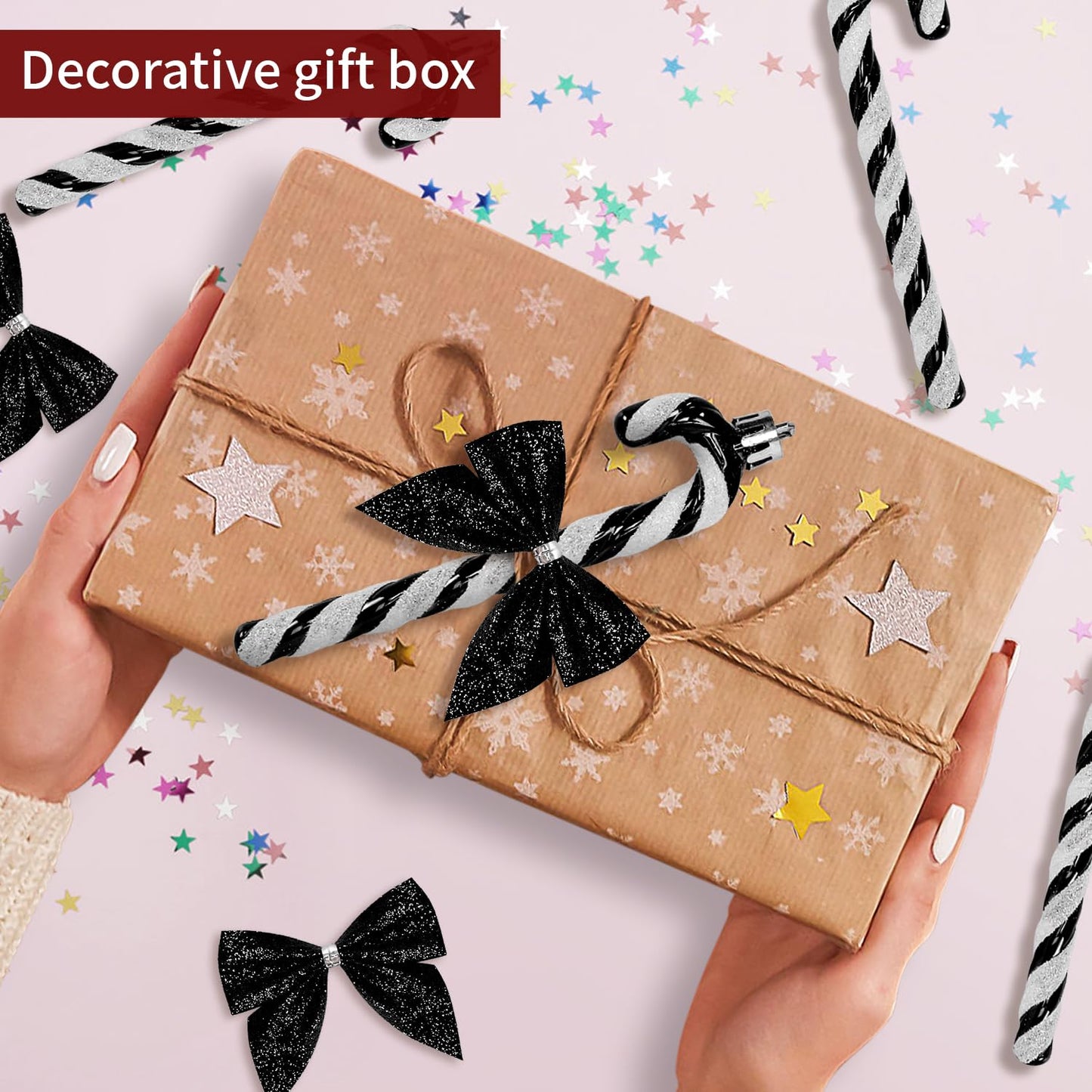 24 Pcs Candy Cane Christmas Decorations,5.5inch Glitter Candy Cane Bows for Xmas Tree Hanging Ornament Holiday Festival Party Home Decoration (Black)