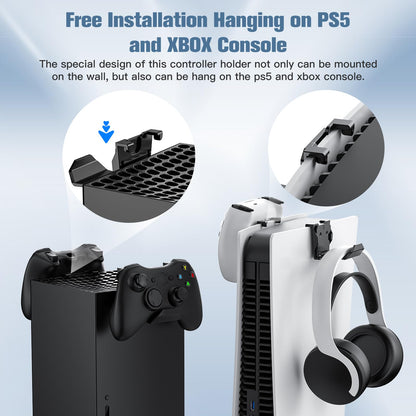 KUNSLUCK 6 Pack Controller Wall Mount – Universal Game Controller Holder for PS5, Xbox, Switch – Adhesive or Screw Installation – Headset & Controller Storage Hook (Black)