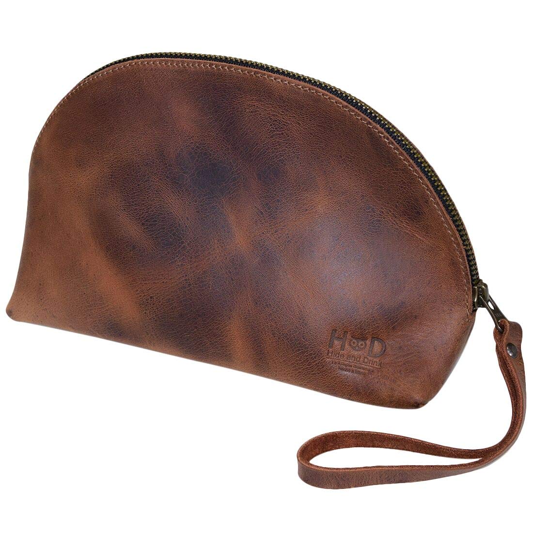 Hide & Drink, Cosmetic Travel Organizer with Hand Strap for Women, Makeup Bag, Classic Handbag, Full Grain Leather, Handmade, Bourbon Brown
