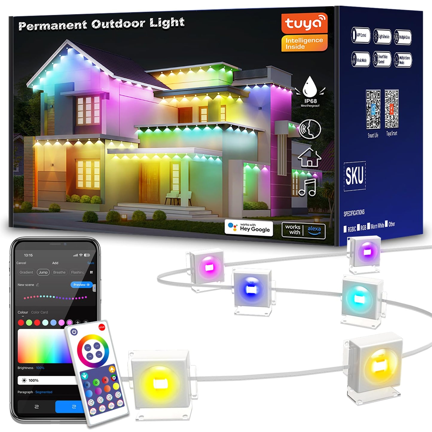 OKKMAX Permanent Outdoor Lights IP68 Waterproof Smart RGB+IC LED Christmas Light with 75 Scene Modes, Holiday Lights for Christmas Halloween, Work with Wi-Fi, Alexa & Google Assistant (100ft)