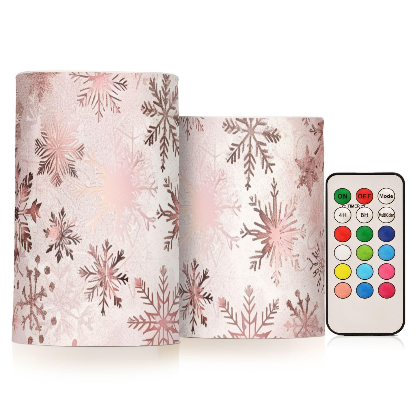 senya Christmas Lights Flameless Candles Seamless Pattern Rose Gold Snowflakes Pillar Candles Set of 2 Battery Operated Remote Control Warm Lights Home Decor