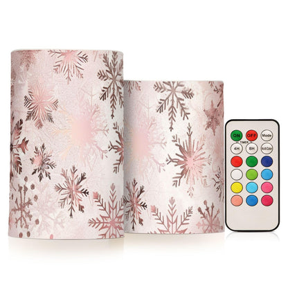 senya Christmas Lights Flameless Candles Seamless Pattern Rose Gold Snowflakes Pillar Candles Set of 2 Battery Operated Remote Control Warm Lights Home Decor
