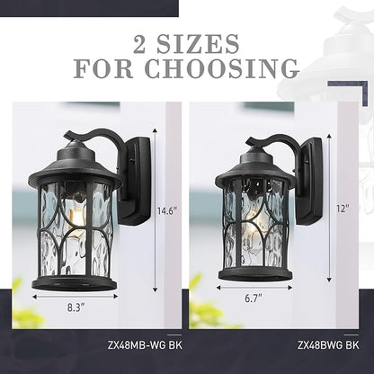 zeyu Modern Outdoor Wall Lights, 12 Inch Exterior Wall Lantern, Cast Aluminum with Water Ripple Glass, Black Finish, ZX48BWG BK
