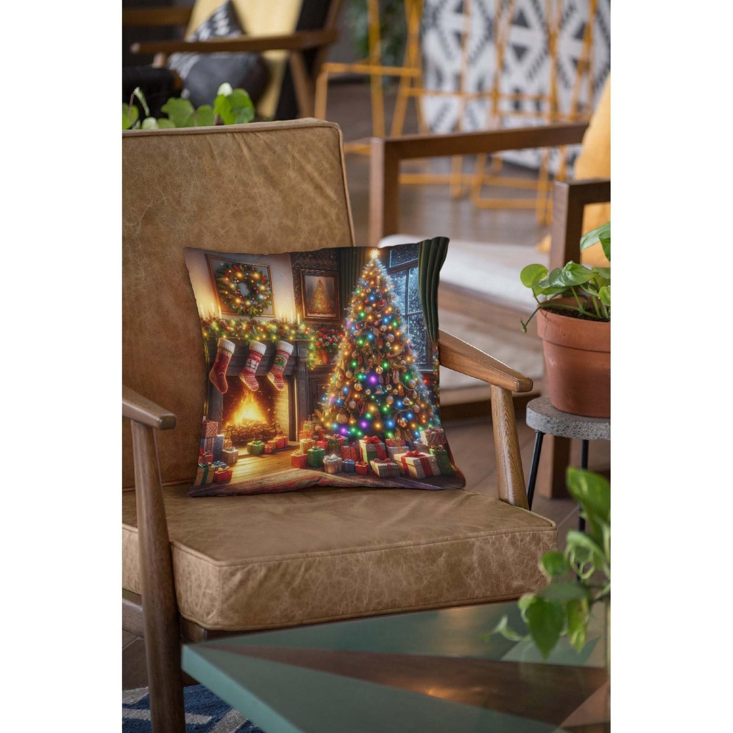 Throw Pillow Cover 20x20 Inch,Christmas Living Room Christmas Tree Adorned Lights Ornaments Stockings Hang Above Fireplace Throw Pillow Case,Home Decor Cushion Covers for Sofa Living Room Couch Bed
