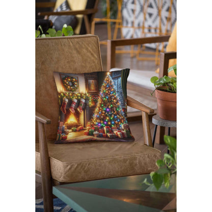 Throw Pillow Cover 20x20 Inch,Christmas Living Room Christmas Tree Adorned Lights Ornaments Stockings Hang Above Fireplace Throw Pillow Case,Home Decor Cushion Covers for Sofa Living Room Couch Bed