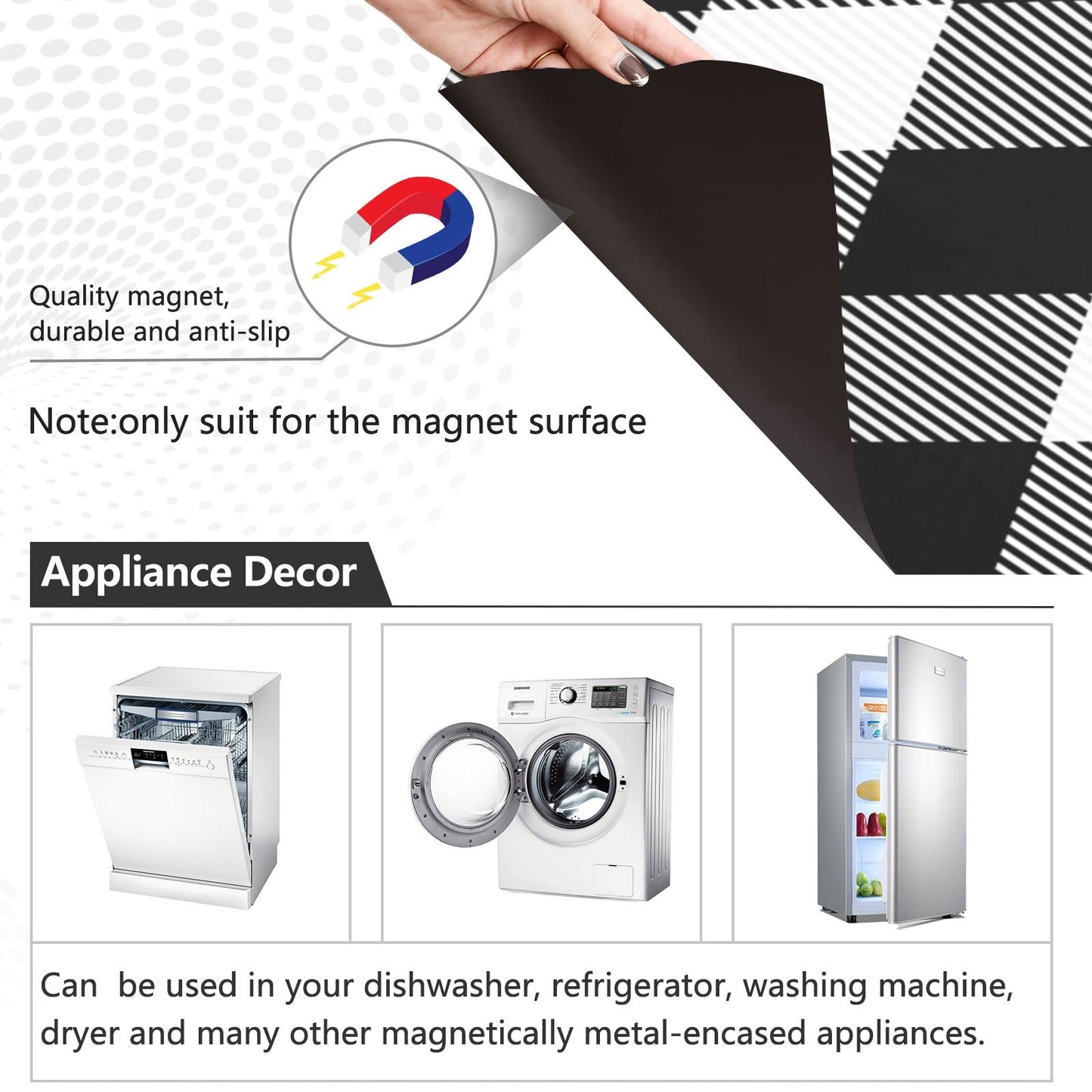 Black White Buffalo Plaid Dishwasher Stickers Magnetic Rustic Classic Buffalo Check Kitchen Fridge Magnet Cover Decals Home Decorations Vinyl Sticker Reusable 23W x 26H inches