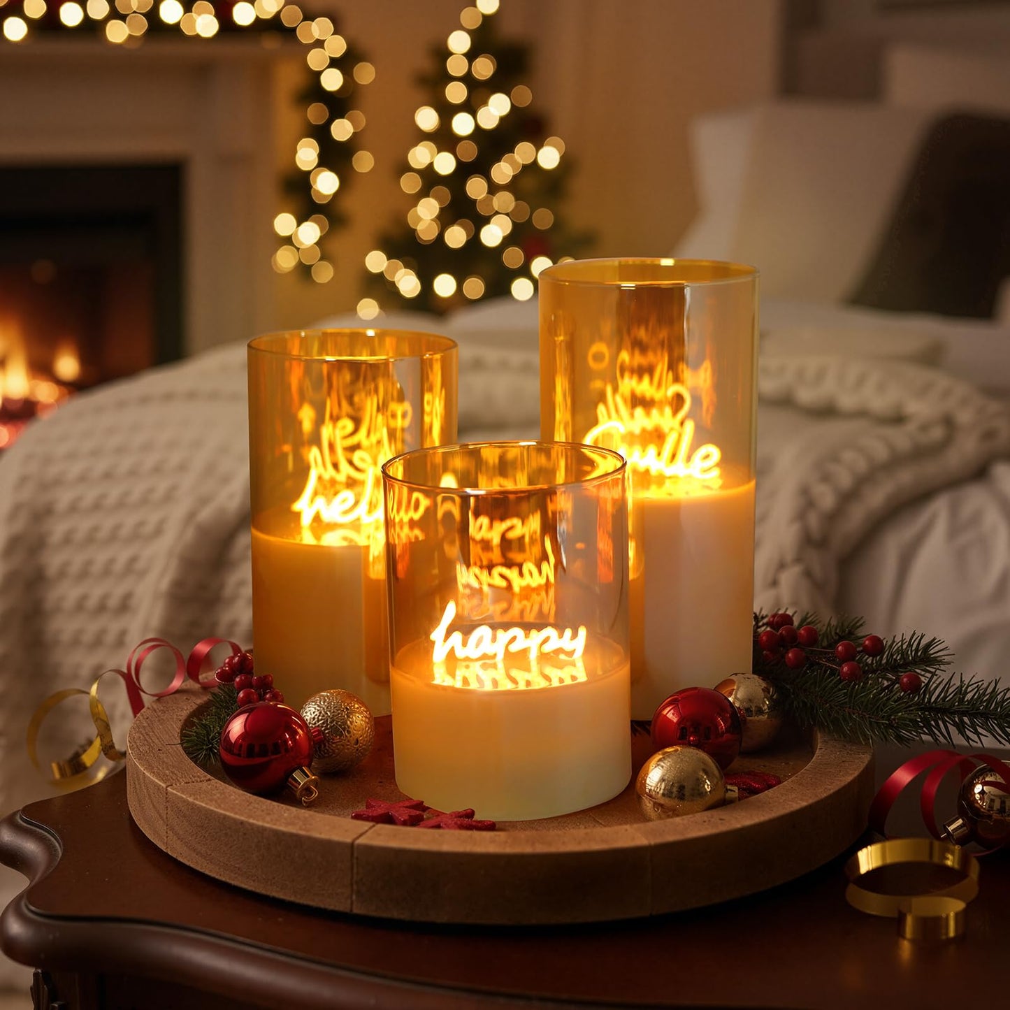 EXORUN Gold Glass Flameless Pillar Candles,LED Fake Candles Battery Operated Set of 3(Hello Happy and Smile)